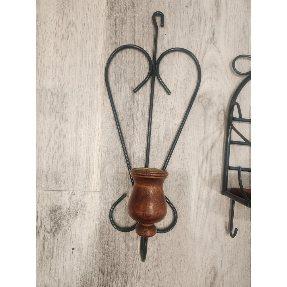 Vintage Home Interiors Shelf Green Wire & Wood & 2 Matching Candle Wall Sconces